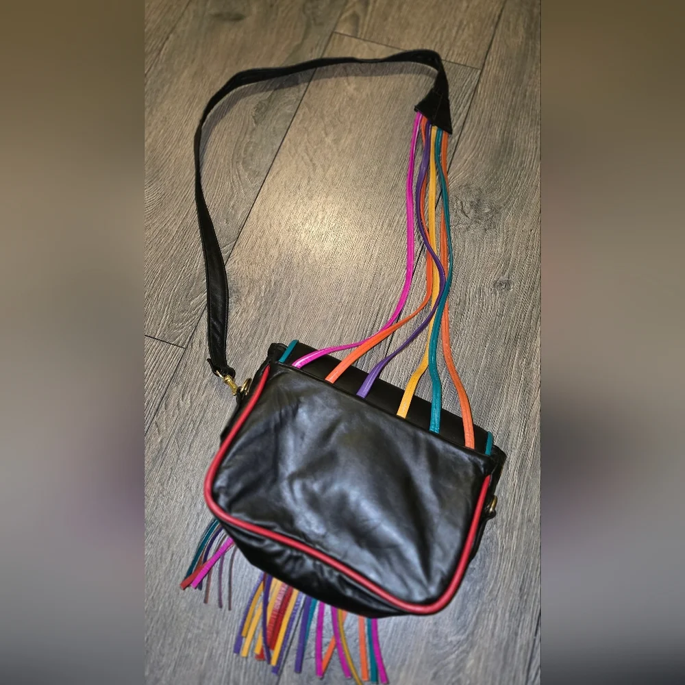 Leather Vintage Noble Crossbody Multicolor Fringe USA Festival Bag 80s Cochella - Picture 9 of 10